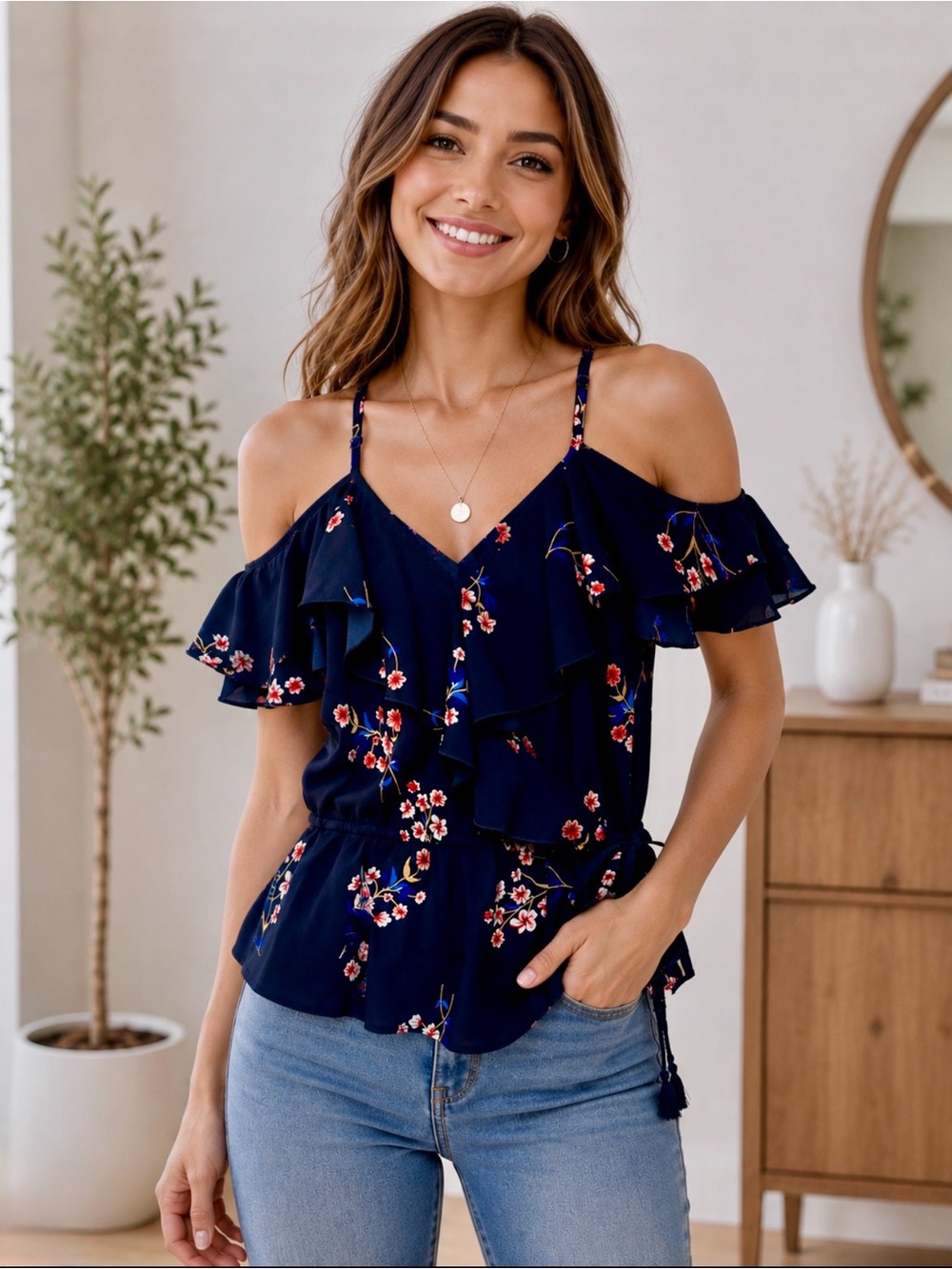 Hint of Blush Floral Cold Shoulder Ruffle Top Size Small Navy Blue Tassel Tie